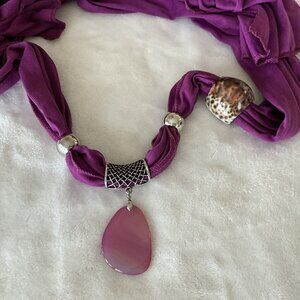 Vintage Cloisonne Scarf Slide Jewelry Purple Stone, Silver And Natural Shell Lot